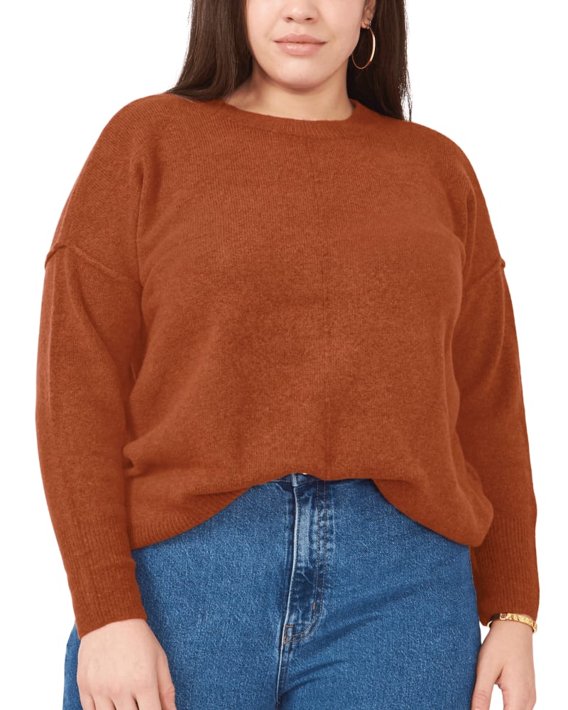 Front of a model wearing a size 1X Carrie Cozy Sweater in SIERRA by Vince Camuto. | dia_product_style_image_id:260830